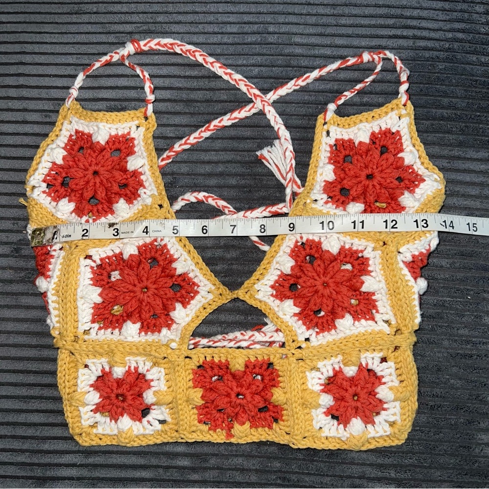 Crochet Venus Halter Top with Red and Yellow Floral Design - Picture 5 of 7